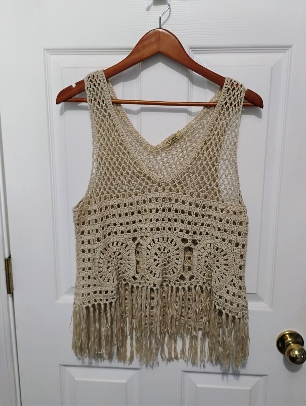 ONE WORLD Crochet Fringe Tank Top in Beige